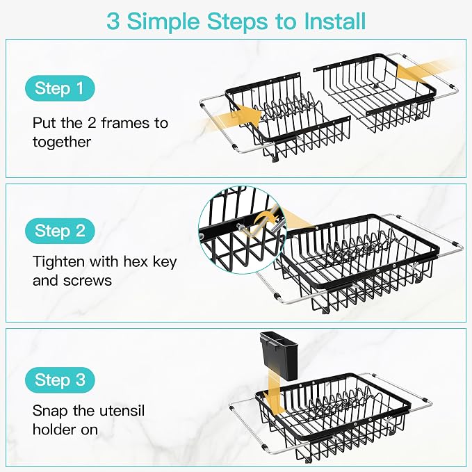JASIWAY Black Dish Drying Rack Over the Sink with Utensil Holder | Expandable Stainless Steel Dish Driainers for Small Kitchen, Counter Space Saving, Fast Drain, Rust Resistant, For Apartment