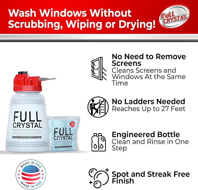 Full Crystal Window Cleaning Kit – 4 oz Glass Cleaner and Bottle with 27 ft Reach, Makes Up to 640 fl oz, Cleans Up to 20 Windows, Scrub-Free, Rinse-Free
