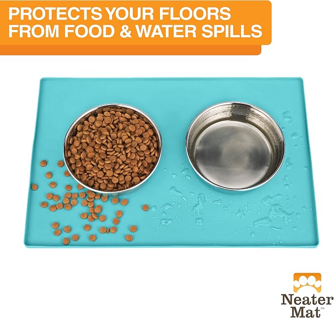 Neater Pet Brands Neater Mat Pet Mats for Food and Water, Cat & Dog Bowl Mat Waterproof Silicone, Feeding Tray, Dog Food Mats for Floors, Placemat w/Raised Edge for Under Bowls, 32" x 24", Aquamarine