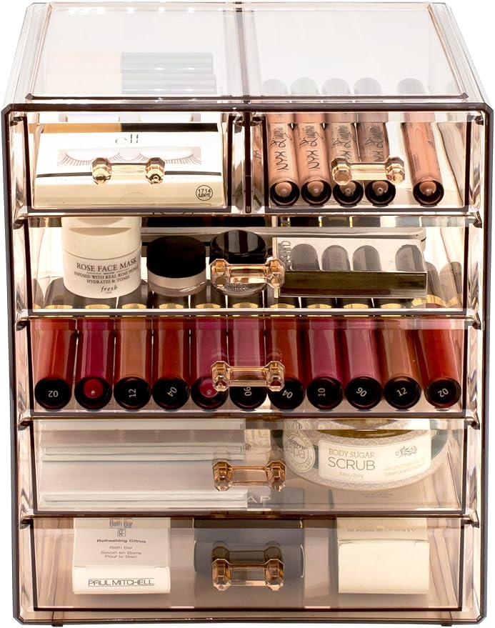Sorbus Acrylic Makeup Organizer Set, 6-Drawer Vanity & Countertop Cosmetic Storage with Small & Wide Drawers, Bronze Glow Makeup Storage for Brushes, Lipsticks, Jewelry, Holiday Gift for Women & Teens