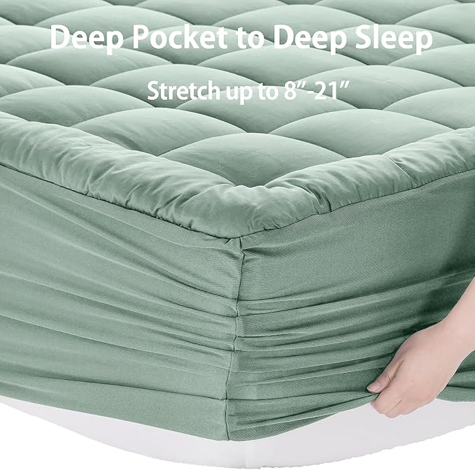 EASELAND California King Mattress Pad Pillow Top Mattress Topper Cotton Top | 8-21" Deep Pocket Cooling Mattress Cover/Protector 72*84 Inches Pale Aqua, Boxing Quilted & Machine Washable