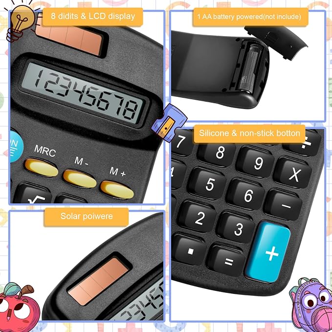 36 Packs Pocket Size Mini Black Calculator Basic Calculators for Handheld Angled Students 8 Digit Display Solar Battery Dual Power Small Calculator for Students Kids Home Office