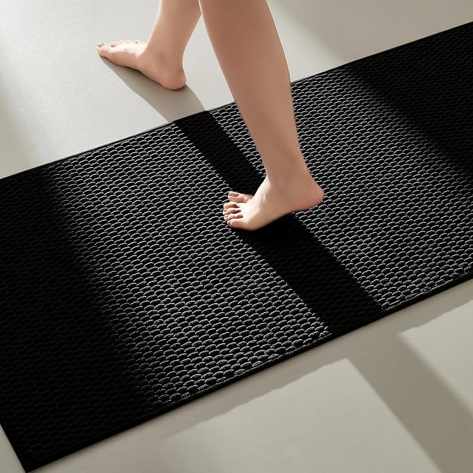 TYUU Black Bathroom Runner Rugs, Long Bath Mat Runner Washable Thin Quick Dry Low Pile Bathroom Runner Rugs Non Slip, Black 16''x60''