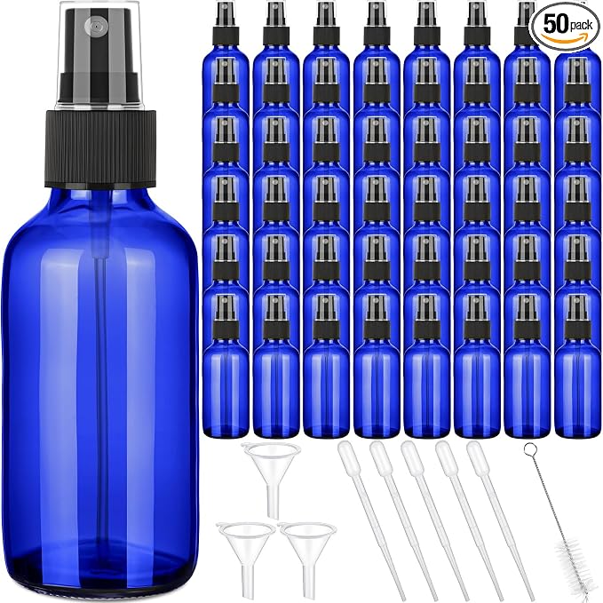 Nuogo 50 Pieces Mini Glass Spray Bottles Bulk 4 Oz Fine Mist Bottles with Funnel Dropper and Cleaning Brush Refillable for Essential Oils, Perfumes and Aromatherapy(Blue)