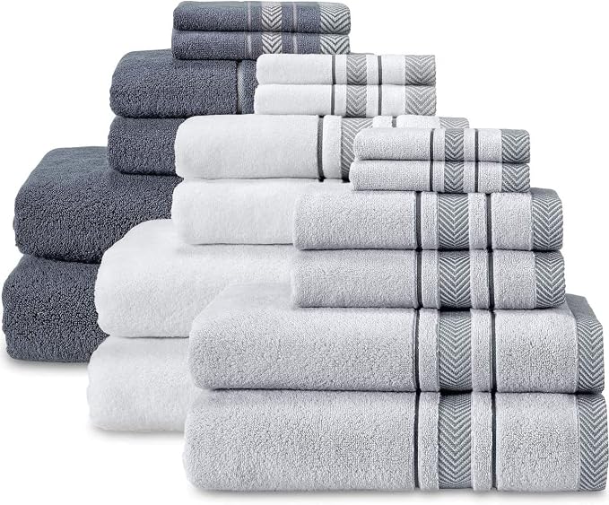 Bath Towels Set for Bathroom – Luxury 6-Piece Cotton Towels, Soft Absorbent & Quick Dry, 600 GSM Bath Towels for Bathroom, Hotel Spa Quality (White/Grey, 6- Bath Towel Set)