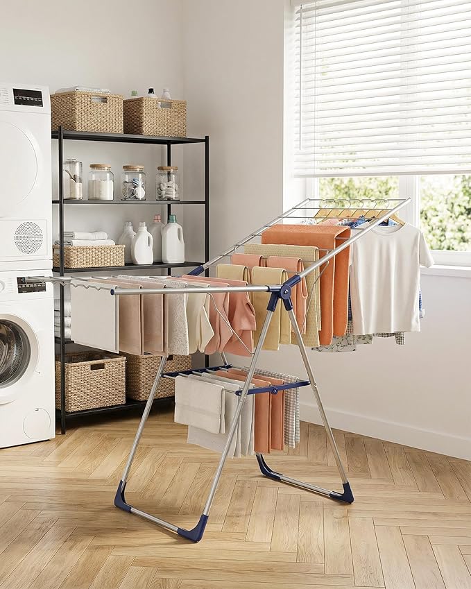 Sakugi Clothes Drying Rack with Height-Adjustable Wings, Metal Foldable Laundry Dryer Stand for Clothing & Bedding, Free-Standing Collapsible for Indoor & Outdoor Use, 55.5" L × 22.8" W, Silver Blue