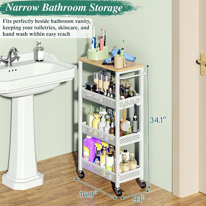 OKZEST Utility Slim Storage Cart, 4-Tier Narrow Bathroom Organizers and Storage Cart, Narrow Metal Kitchen Laundry Room Organization Shelf with Wood Top, Slim Rolling Carts with Wheels for Small Space