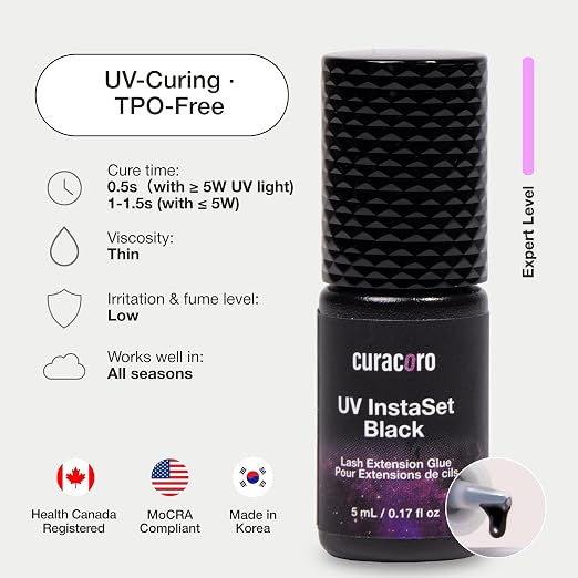 Curacoro UV Lash Glue for Eyelash Extensions, UV Instaset Black | 5ml Black UV Glue, Instant Curing, Low-Odour, 6-Week Retention