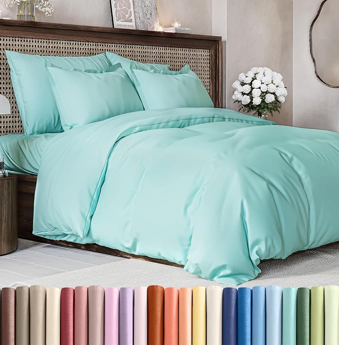 Duvet Cover Queen Size Set - Extra Soft Queen Duvet Cover 90" x 90" with 2 Pillow Shams for Women, Men, Kids & Teens - Hotel Luxury, Easy-Care w/ Zipper Closures & Ties - Comfy & Breathable (Spa Blue)