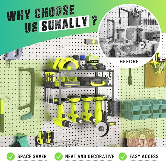 SUNALLY Power Tool Organizer, Heavy Duty Iron, 3 Layers Storage Rack with 4 Drill Holders, Floating Tool Shelf Wall Mounted, Matte Black, Work Shop, Garage, 150Lbs Load Capacity