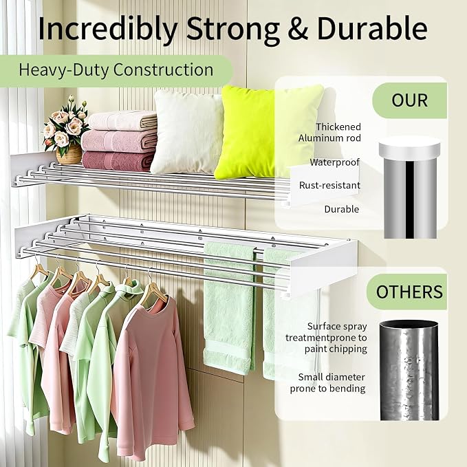 Wall Mounted Clothes Drying Rack 31.5" Foldable, 60 lb for Laundry & Apt | Carbon Steel & Stainless Steel, 60 lb, Rust-Resistant, Fits Brick/Wood, Folds 3" Deep, for Apt, RV, Laundry
