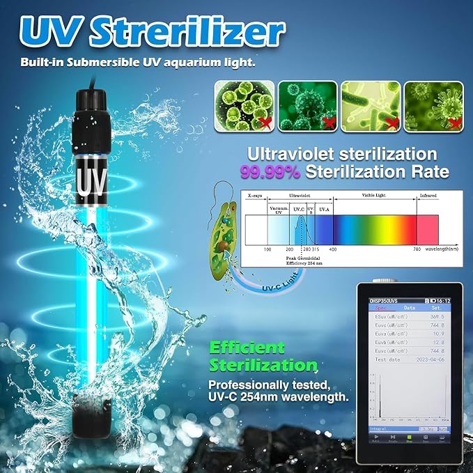 TARARIUM U-V Aquarium Filter for 75-200Gal Fish Tank Pond Pool, Dual Outlet | 2 Media Options Available + U-V, Green Killing, Internal Filter, Aeration, Deodorization, Saltwater Freshwater Clear, 423GPH