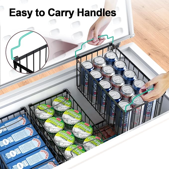 Freezer Organizer Bins, 2 Pack Big Baskets for 5/ 7 Cu.FT Deep Freezer | Stackable Chest Freezer Organizer Bins, Foldable Baskets with Handles, Black Storage Container Baskets for Sort Frozen Meats