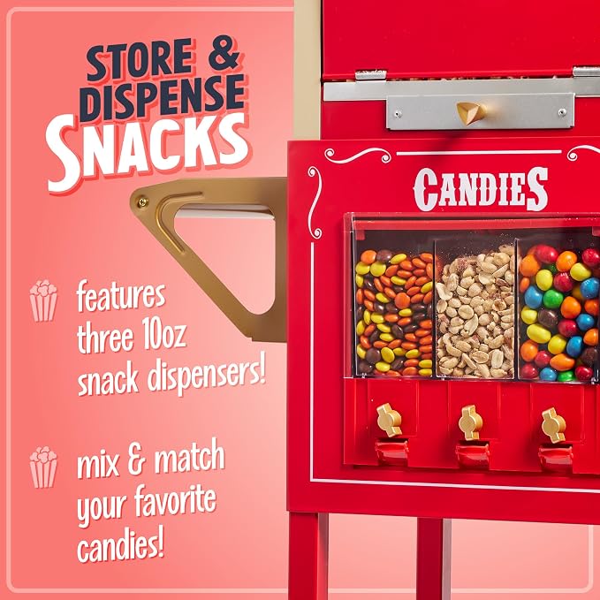 Nostalgia Vintage 8 Ounce Professional Popcorn Cart Makes Up to 32 Cups, Three Storage Candy & Kernel Dispenser Also for Nuts, Chocolate, Measuring Spoons and Scoop Included, Red