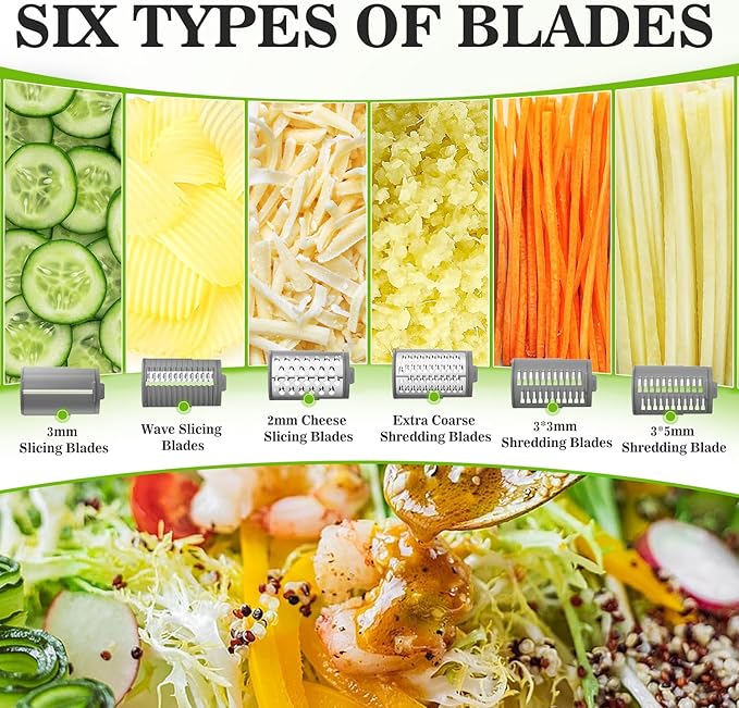 Electric Cheese Grater Salad Maker with 6 Repalce Stainless Steel Blades, Rotary Slicer One-Touch Kitchen Slicer Cheese Shredder for Vegetables, Fruits, Cheeses, Nuts Home Kitchen Use(White)- 120v