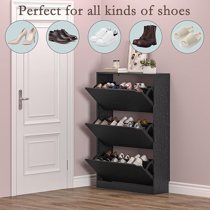 BORNOON Shoe Storage Cabinet with 3 Flip Drawers,Narrow Shoe Rack Cabinet,Freestanding Organizer Storage for Entryway, Hallway, Black