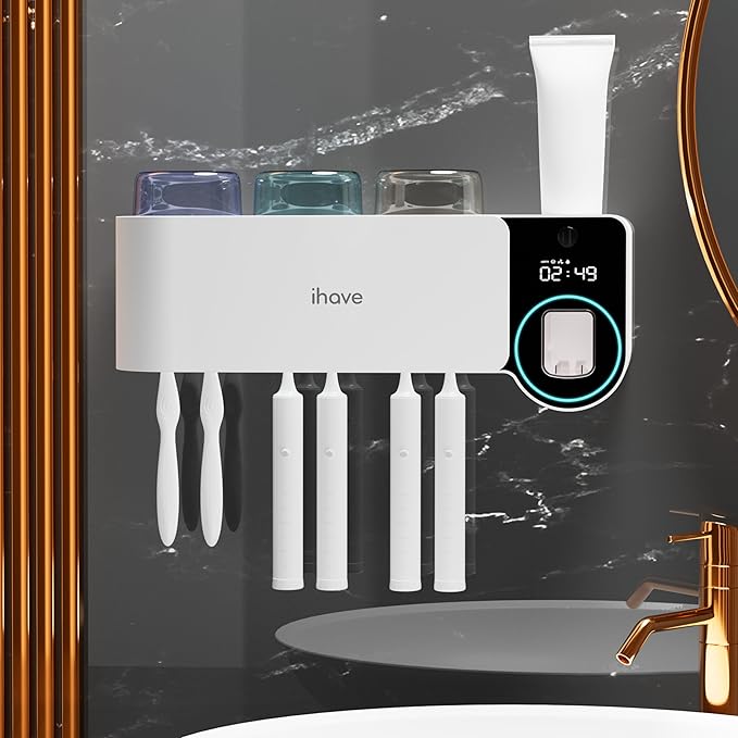 iHave Toothbrush Holder with Touchless Toothpaste Dispenser & UV Toothbrush Sanitizer for Bathrooms | 6-Slot Wall Mounted Organizer with Auto-Cycle Disinfection for Toothbrushes, Razor & 3 Cups
