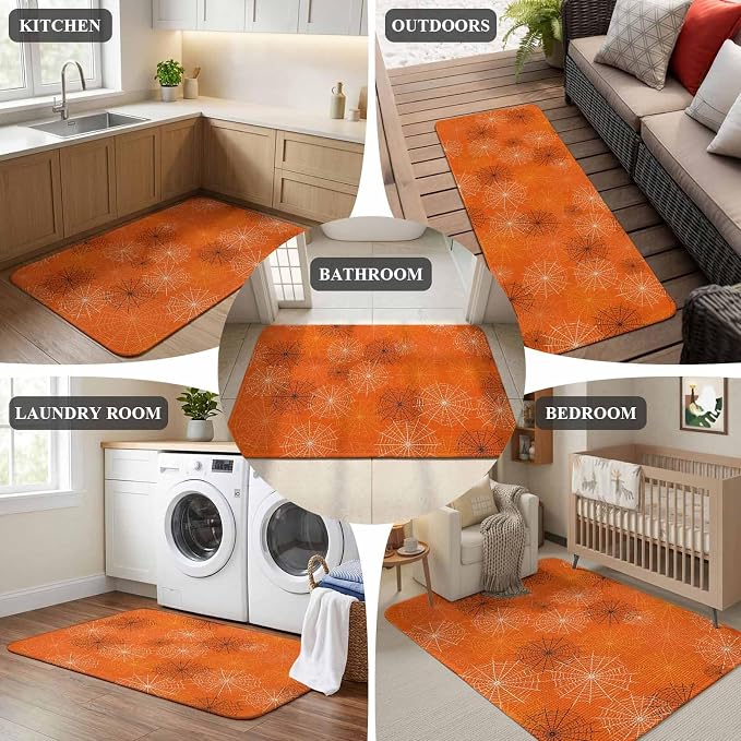 Orange Halloween Washable Area Rugs for Living Room Bedroom, Large Non Slip Indoor Floor Carpet Absorbent Low Pile Black White Net Halloween Door Mat Rugs for Bathroom Entryway 47.2"x63"