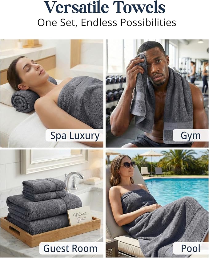 LANE LINEN 100% Cotton Bath Towels Set - 24 PCs - Durable, Quick Dry, Super Soft & Highly Absorbent - 4 Bath, 4 Fingertip, 6 Hand Towels, 8 Washcloths, 2 Bath Sheets - Perfect Family Set - Cool Grey | Towels And Washcloths Sets - Oversized & Roomy, Lig...