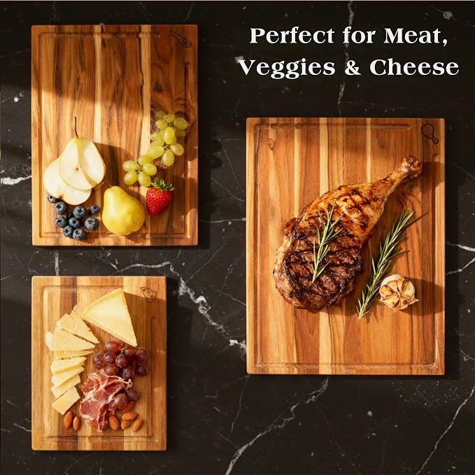 Teak Wood Cutting Board Set of 3 w/Stand, Deep Juice Groove, Solid Hardwood Non-Toxic & Knife Friendly Boards, Small Medium Large Sizes for Kitchen Meat, Veggies & Cheese by New M Way