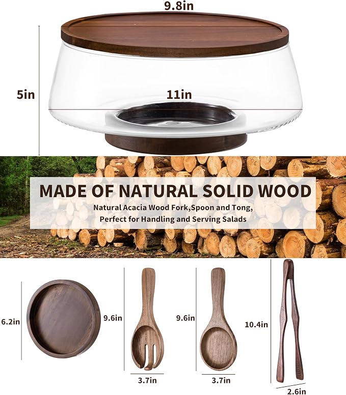 Extra Large Glass Salad Bowl Set, 4.8Qt Mixing Bowl with Acacia Wood Lid, Base and Salad Serving Utensils, Clear Serving Bowl Trifle Bowl, Elegant Salad Bowls for Kitchen,Parties,Christmas