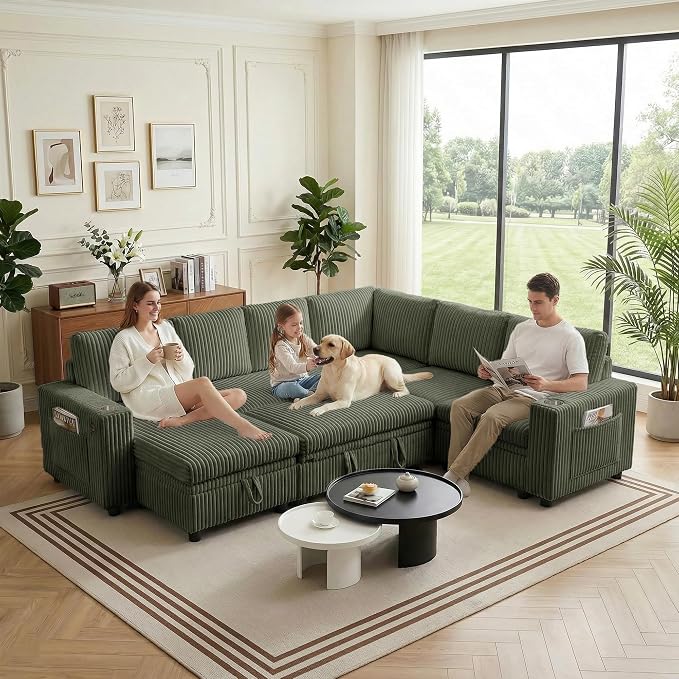 106 in L-Shaped Sectional Sleeper Sofa Couch for Living Room, Green | Pull Out Bed, 7 Seat Modular Design, Hidden Storage Space, USB Charging, Cup Holders, Soft Corduroy Fabric, Easy Assembly