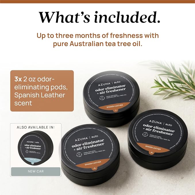 Azuna Car Air Freshener & Auto Odor Eliminator Pods Trio | Spanish Leather | Plant Powered by 100% Australian Tea Tree Oil | Long Lasting and No harsh chemicals | Made in USA | 3 Pack of 2oz Pods