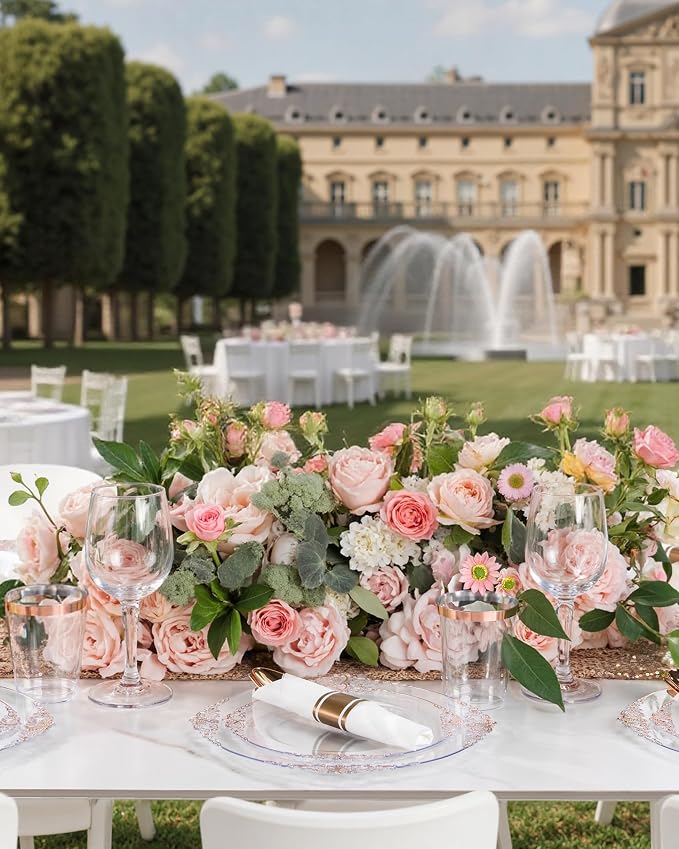 Nervure 350PCS Rose Gold Plastic Plates - Rose Gold Plastic Dinnerware Sets for 50 Guests - 100 Disposable Plates, 150 Silverware, 50 Cups, 50 Napkins Perfect for Wedding & Party