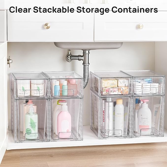 Vtopmart 8 Pack Clear Stackable Storage Drawers, Pull-Out Organizers, 4 Tall and 4 Small for Under Sink, Pantry, Bathroom, Closet and Kitchen Cabinets