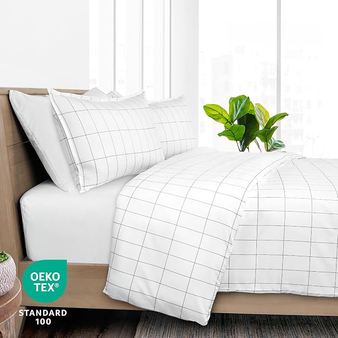 Bare Home Duvet Cover - Oversized Queen Size Bedding Set - Premium 1800 Super Soft Collection - Lightweight, Cooling - Soft Breathable Duvet Cover (Oversized Queen, Grid - White/Grey)