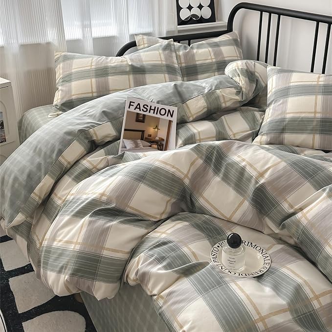 mixinni Full Size Buffalo Plaid Duvet Cover Set - 3 Piece Green White Geometric Bedding Set with Zipper Closure & Ties, 100% Washed Cotton Soft Breathable Duvet Cover for Men, Women, Teens (Full)