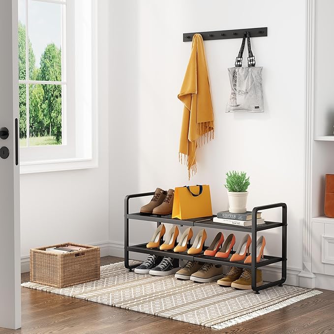 SNTD Shoe Rack - Expandable Shoe Organizer for Closet, Adjustable Metal Shoe Shelf Storage, Stackable Long Shoe Stand Holder for Garage, Entryway, Door Entrance (Black, 2-Tier)