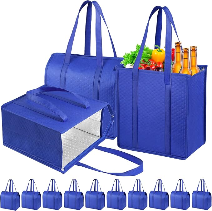 10 Pack 18L Thermal Cooler Bags, Zipper Top Grocery Carry Totes | reusable insulated storage bag, reliable hot cold hold, for food delivery, travel, camping, beach, picnic,supermarket trips