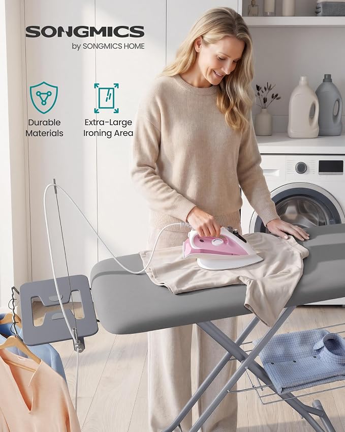SONGMICS Folding Ironing Board Full Size, 14x54, 7-Level Adjustable Height Iron Board with Iron Rest, Cord Holder, Storage Rack, Steel, for Laundry Room, Gray, Borix Collection ULLB009GD01S