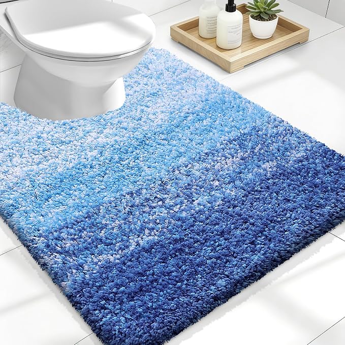OLANLY Luxury Toilet Rugs U-Shaped 24x20, Extra Soft and Absorbent Microfiber Bathroom Rugs, Non-Slip Plush Shaggy Bath Mat, Machine Wash Dry, Contour Bathroom Mats for Toilet Base, Light Royal Blue