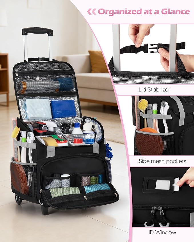 Marscamd Large Rolling Cleaning Caddy Bag with Detachable Trolley, Cleaning Supplies Organizer with Wheels for Housekeepers, Black