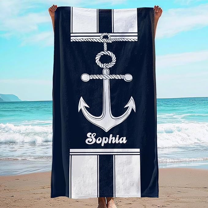 JML Personalized Beach Towel with Name, Custom Anchor Beach Towel, Customized Microfiber Pool Towel, Quick Dry & Absorbent Swim Towel for Adult,Anniversary, Birthday, Summer Holiday,Vacation