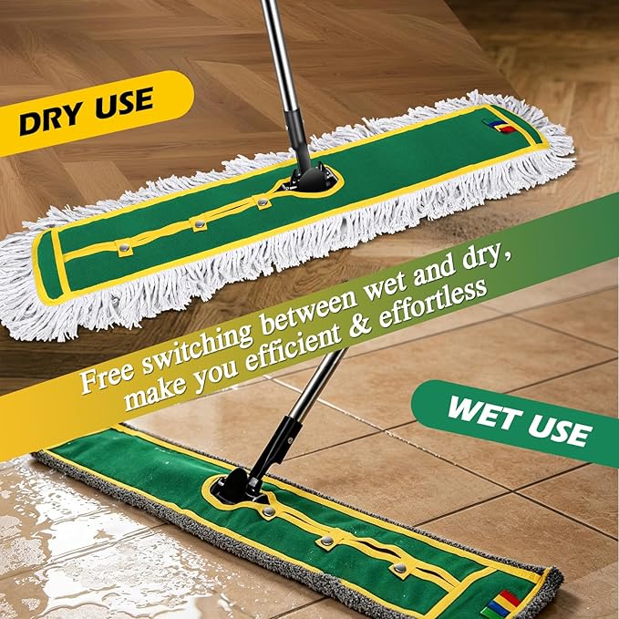 42" Commercial Dust Mop for Floor Cleaning, MASTERTOP Large Flat Mop with Long Handle, Sweeping Broom with 2 Different Mops Pads, Industrial Mop for Hardwood, Tile, Gym, Office, Mall, Warehouse