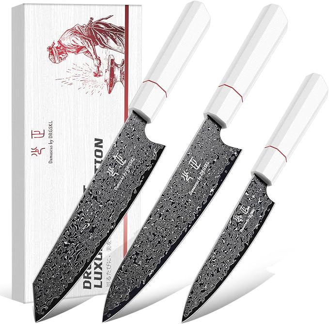 DRGSKL Japanese Knife Set Damascus - VG10 Kitchen Knife Set 3 PCS | Japanese VG10 Core, Black Anti-corrosion Coating, Damascus Blade, G10 Handle, Gift Box, Wet Edge Grinding Technology