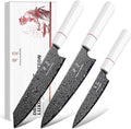 DRGSKL Japanese Knife Set Damascus - VG10 Kitchen Knife Set 3 PCS | Japanese VG10 Core, Black Anti-corrosion Coating, Damascus Blade, G10 Handle, Gift Box, Wet Edge Grinding Technology
