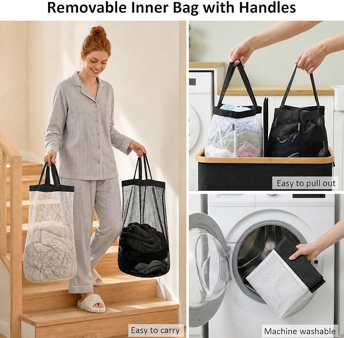 efluky Laundry Hamper with Lid, Double Laundry Basket with 2 Removable Bags, 2 Section Laundry Bin with Bamboo Handles for Bathroom, Bedroom & Laundry Room, 170L (44.9 Gallon) Black