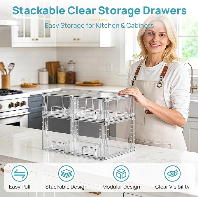 Vtopmart 4 Pack Clear Stackable Storage Drawers,Under Sink and Kitchen Organizers Storage,Easy to Assemble Plastic Drawers for Baby Bottle,Medicine, Bathroom,Cabinet and Pantry Organization