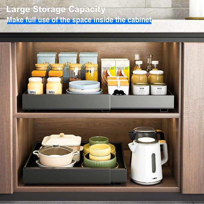 Mustorn 2 Pack Pull Out Cabinet Organizer, Expandable Slide Out Drawers for Kitchen Cabinets Peel and Stick Pullout Drawer Heavy Duty Sliding Shelves for Cupboard, Pantry, Bathroom(16.5" Deep, Black)