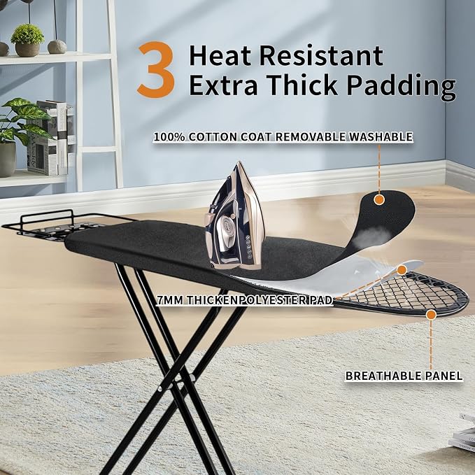 Ironing Board, 43x14 Inch Iron Board with Steam Rest, Heavy Duty Metal Frame Legs Ironing Table with Heat Resistant Cover Mat, Foldable Full Size Hanger Ironing stand (Silver, 52"L x 14"W x 34.6"H)