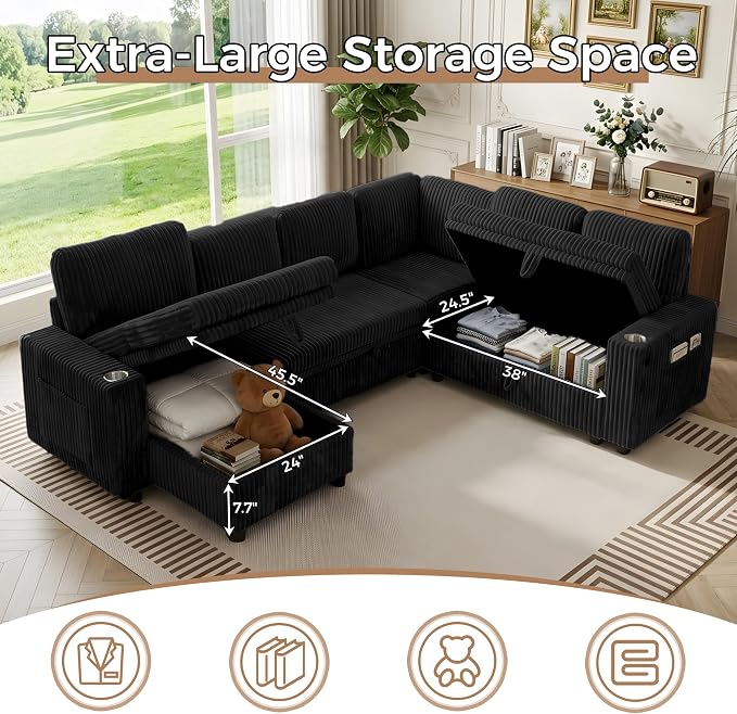 106 in L-Shaped Sectional Sleeper Sofa Couch for Living Room, Black | Pull Out Bed, 7 Seat Modular Design, Hidden Storage Space, USB Charging, Cup Holders, Soft Corduroy Fabric, Easy Assembly