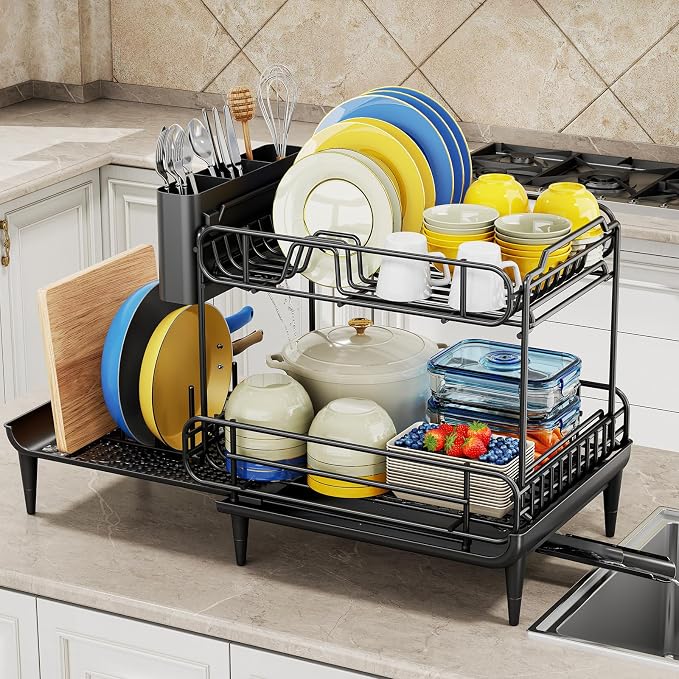 Urackify Dish Drying Rack for Kitchen Counter, Expandable 2 Tier Dish Rack, Large Capacity Dish Drainer with Drainboard Multifunctional Dish Strainer with Removable Cutlery Holder Black | 2 Tier. Expands from 16.9 to 26.6 inches to fit more dishes, wit...