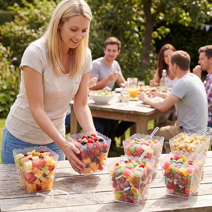 61 oz 6 Clear Plastic Candy Bar Containers with 3 Tongs and 3 Scoops Candy Buffet Supplies Reusable Scalloped Bowls for Party Station Weddings Birthday Dessert Snack Display
