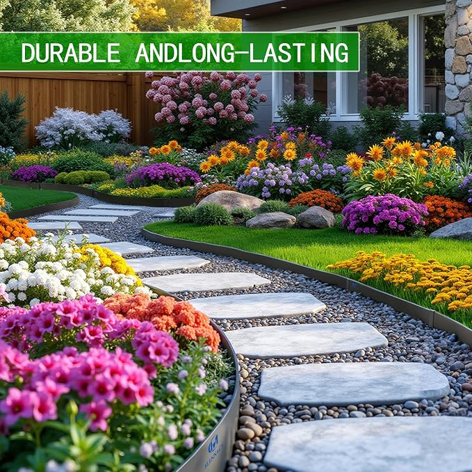 Metal Landscape Edging 6 Pack 40" L x 6" H | 20 FT Galvanized Bendable Metal Garden Edging,Hammer in Steel Landscape Edging with a Pair of Gloves and 7 Clips,Black