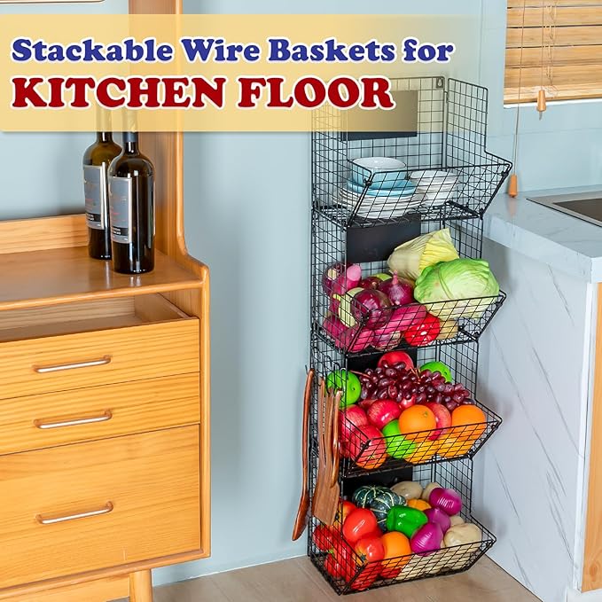 X-cosrack Metal Wire Basket Wall Mount, 4 Tier Extra Large Wall Storage Basket Organizer with Chalkboards, Kitchen Fruits and Vegetables Produce Bin Rack Toys Organizer Bathroom Tower Baskets (Black)