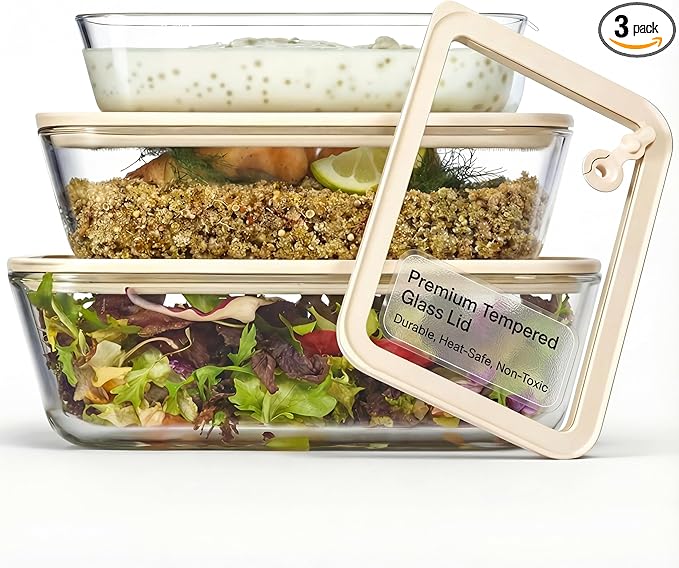 Non-Toxic Glass Storage Container Set, Borosilicate Glass, Tempered Glass Lids, Baking Pan, Airtight, Vented, Microwave, Oven & Dishwasher Safe, (Rectangular, Set of 3)